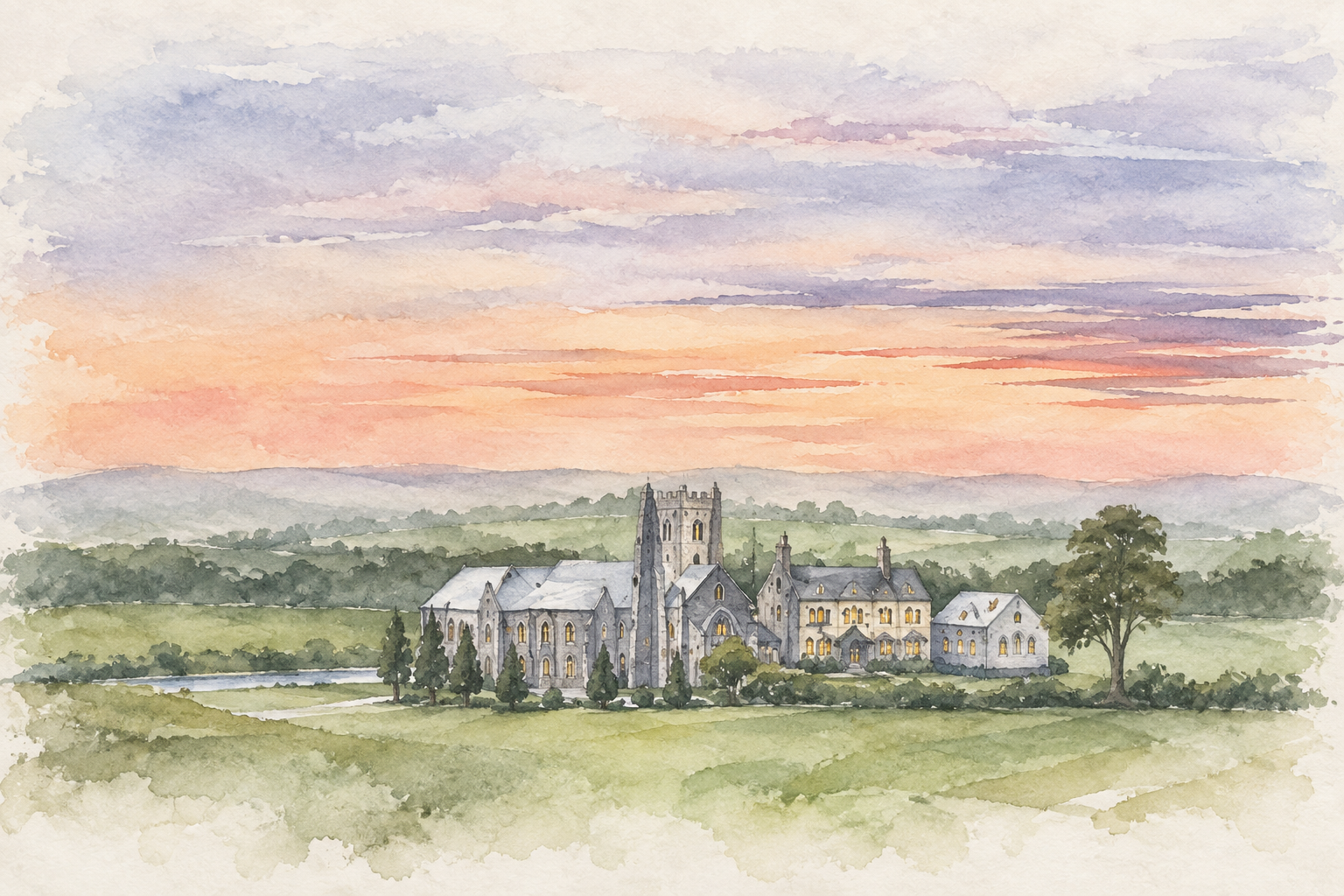 Watercolour illustration of Glenlo Abbey Hotel at sunset